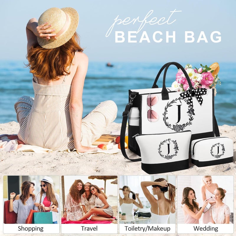FLOE Personalized Gifts for Women, Initial Canvas Tote Bag & Makeup Bag Monogrammed Beach Tote Bags for Women w/Zipper, Valentines Day Birthday Gifts for Her Wife Girlfriend Mom Sister Best Friend Teacher - Image 4